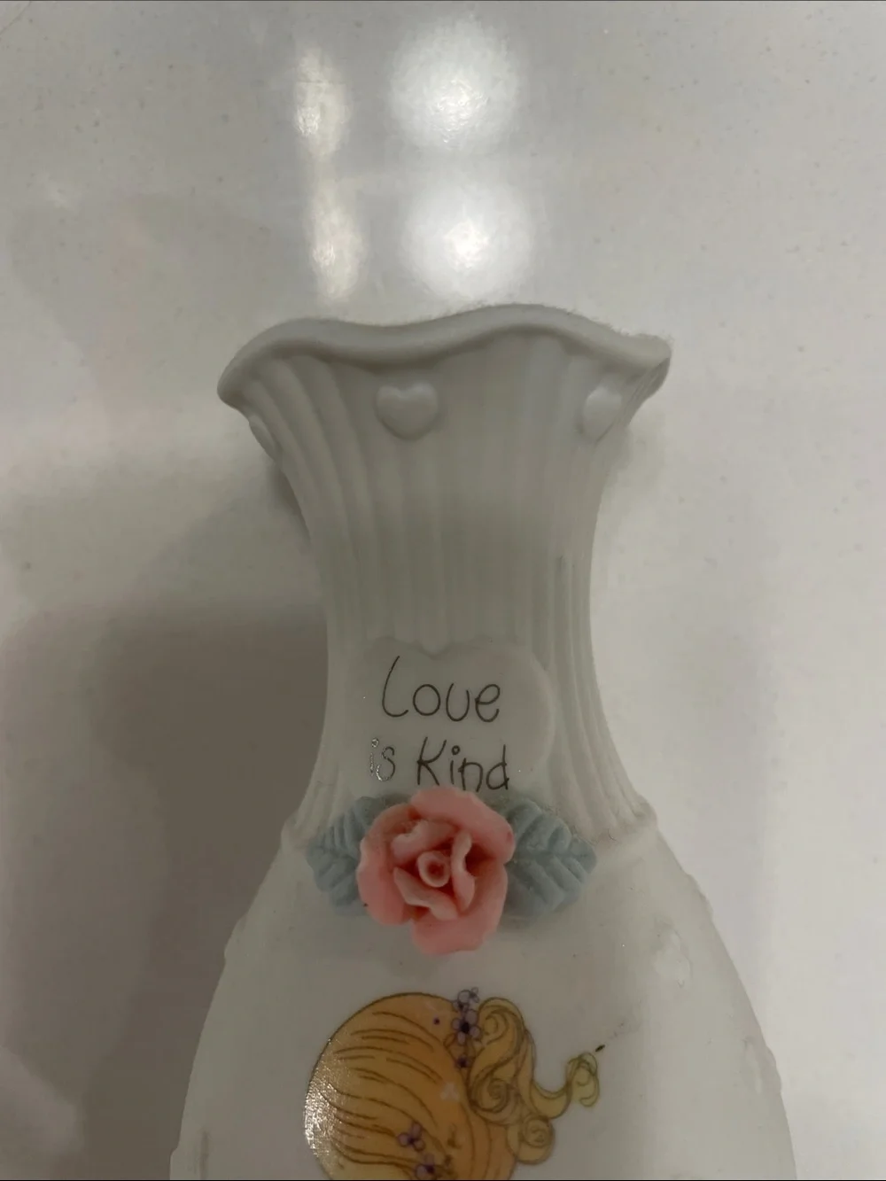 Precious Moments White Porcelain Vase with Pink Rose and Pink-Dressed Girl